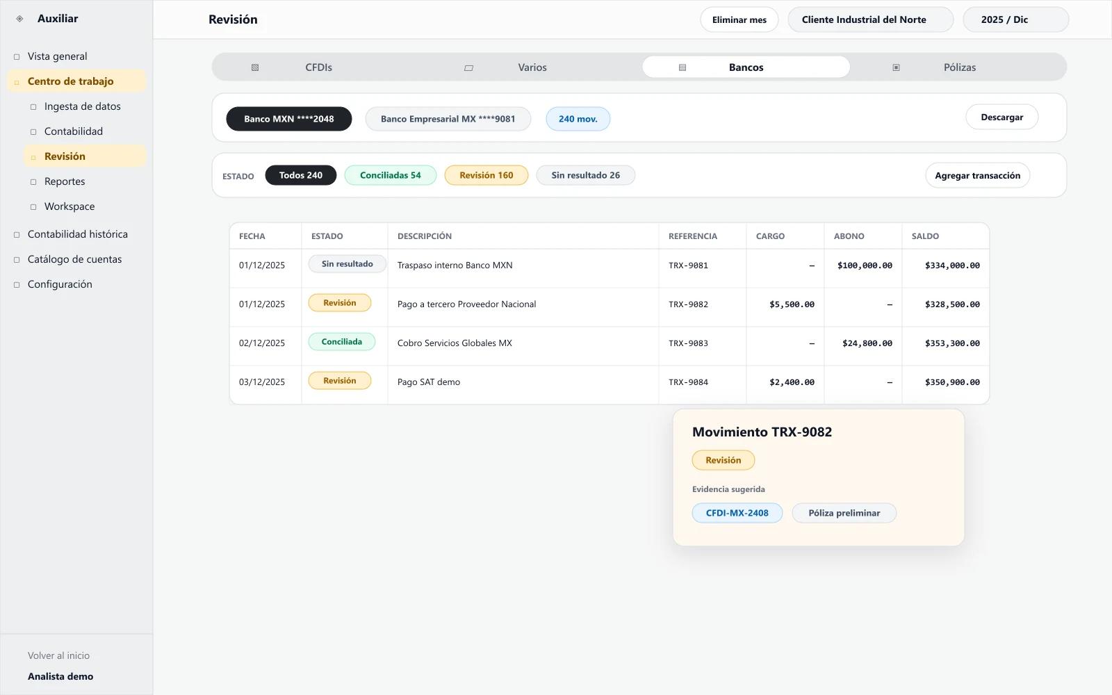 Bank reconciliation view with movements, related CFDIs, and pending exceptions.